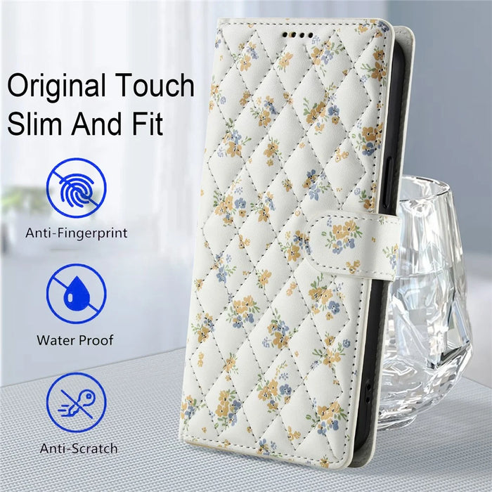For iPhone 17 Wallet Case Rhombic Floral Design Leather Flip Phone Cover with Strap - A5 - 7