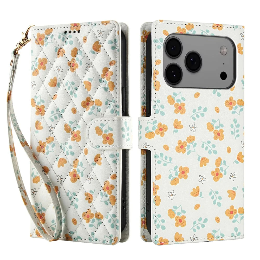 For iPhone 18 Pro / 17 Pro Wallet Case Rhombic Floral Design Leather Flip Phone Cover with Strap - A3 - 1