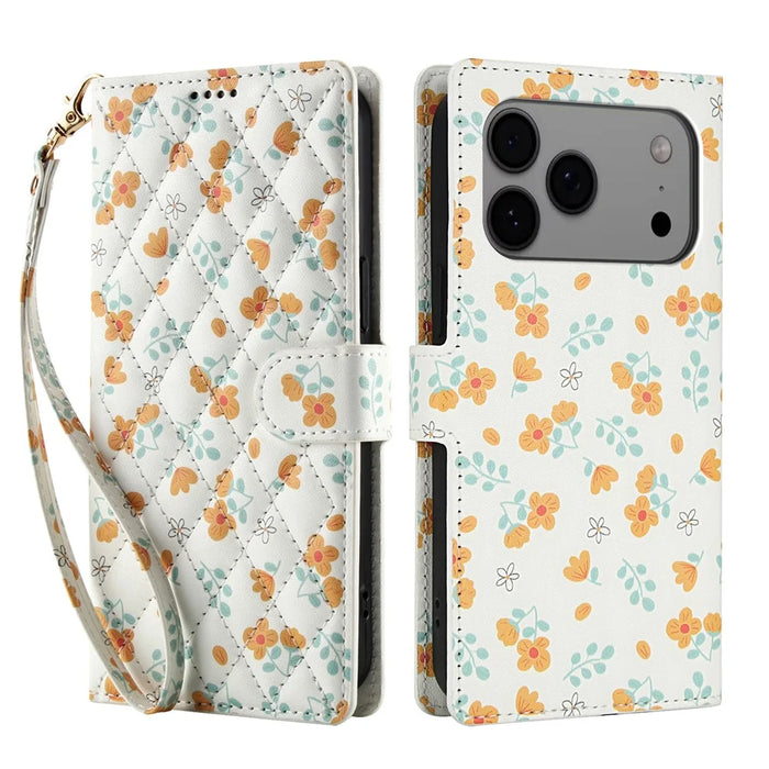 For iPhone 18 Pro / 17 Pro Wallet Case Rhombic Floral Design Leather Flip Phone Cover with Strap - A3 - 1