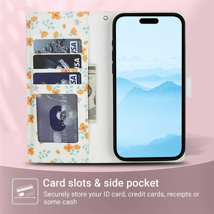 For iPhone 18 Pro / 17 Pro Wallet Case Rhombic Floral Design Leather Flip Phone Cover with Strap - A3 - 6