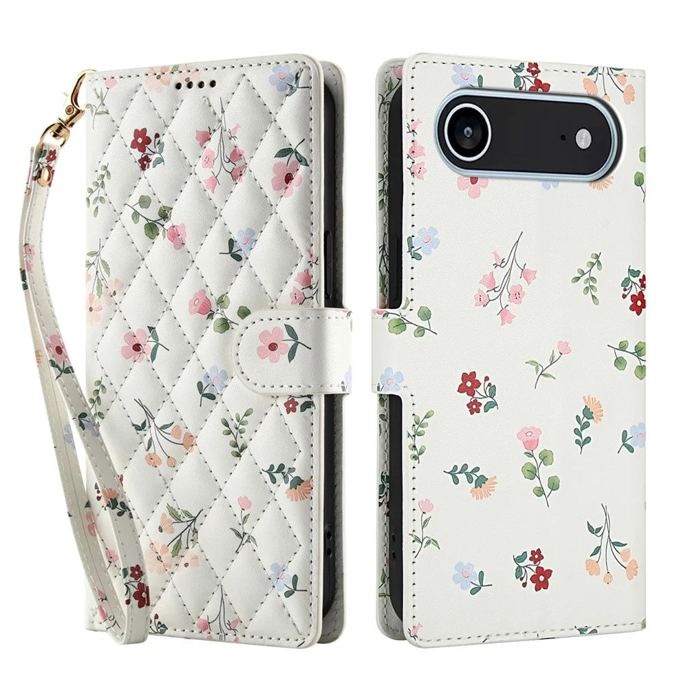 For iPhone Air Wallet Case Rhombic Floral Design Leather Flip Phone Cover with Strap - A1 - 1