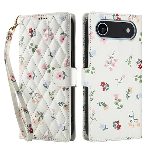 For iPhone Air Wallet Case Rhombic Floral Design Leather Flip Phone Cover with Strap - A1 - 1