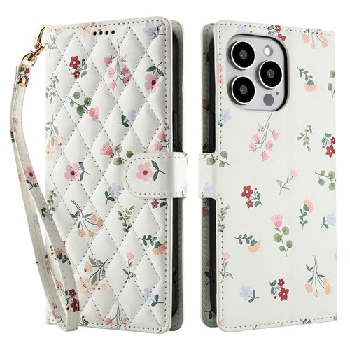 For iPhone 16 Pro Max Wallet Case Rhombic Floral Design Leather Flip Phone Cover with Strap - A1 - 1