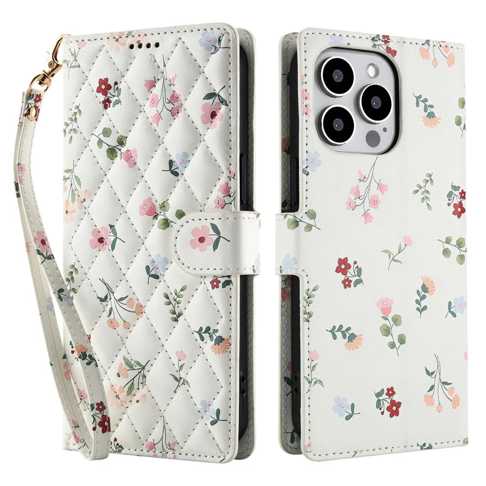 For iPhone 16 Pro Wallet Case Rhombic Floral Design Leather Flip Phone Cover with Strap - A1 - 1