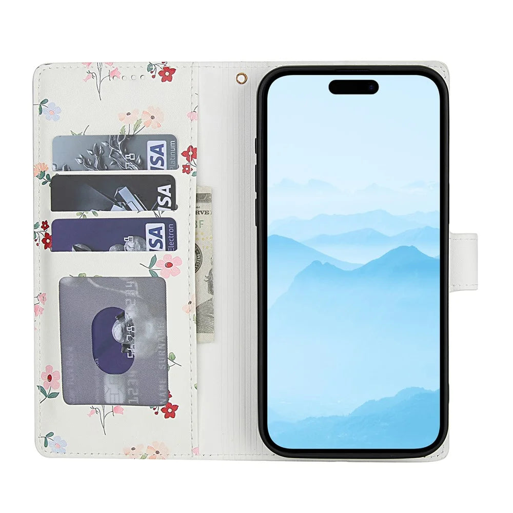 For iPhone 16 Pro Wallet Case Rhombic Floral Design Leather Flip Phone Cover with Strap - A1 - 2