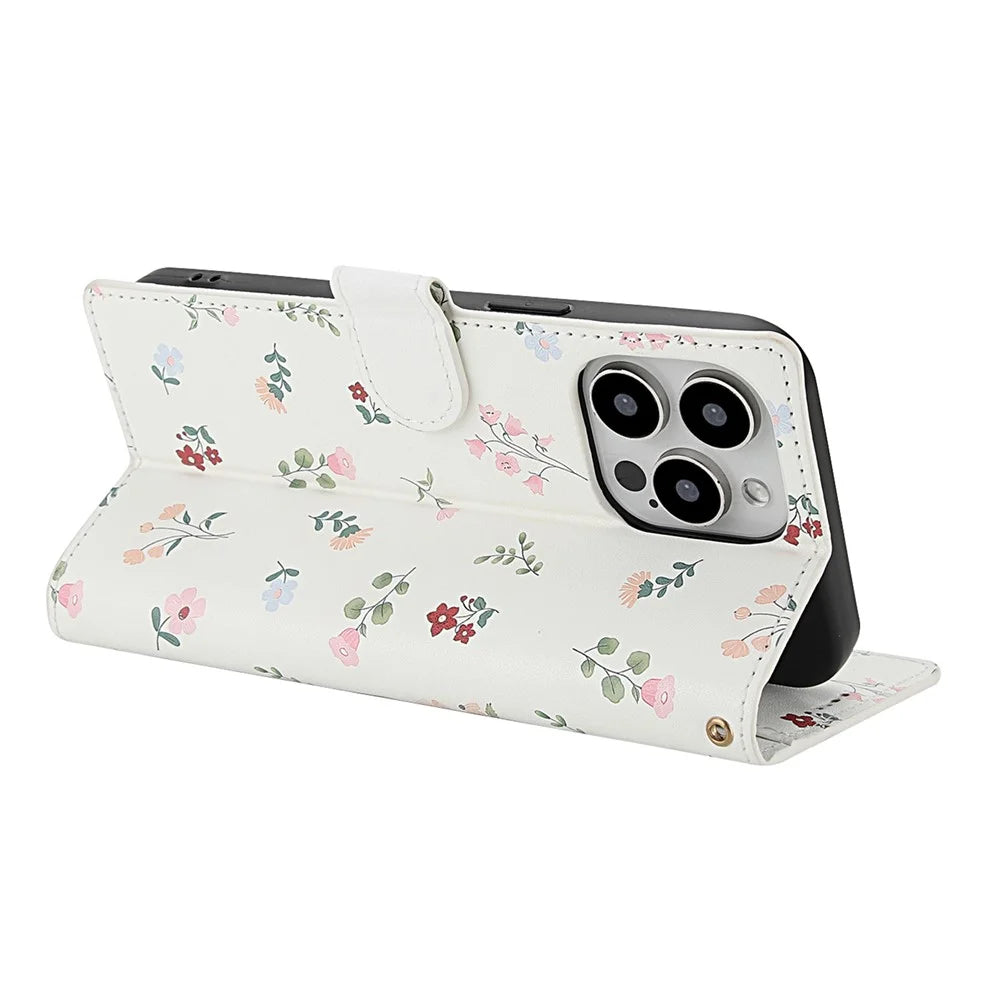 For iPhone 16 Pro Wallet Case Rhombic Floral Design Leather Flip Phone Cover with Strap - A1 - 3
