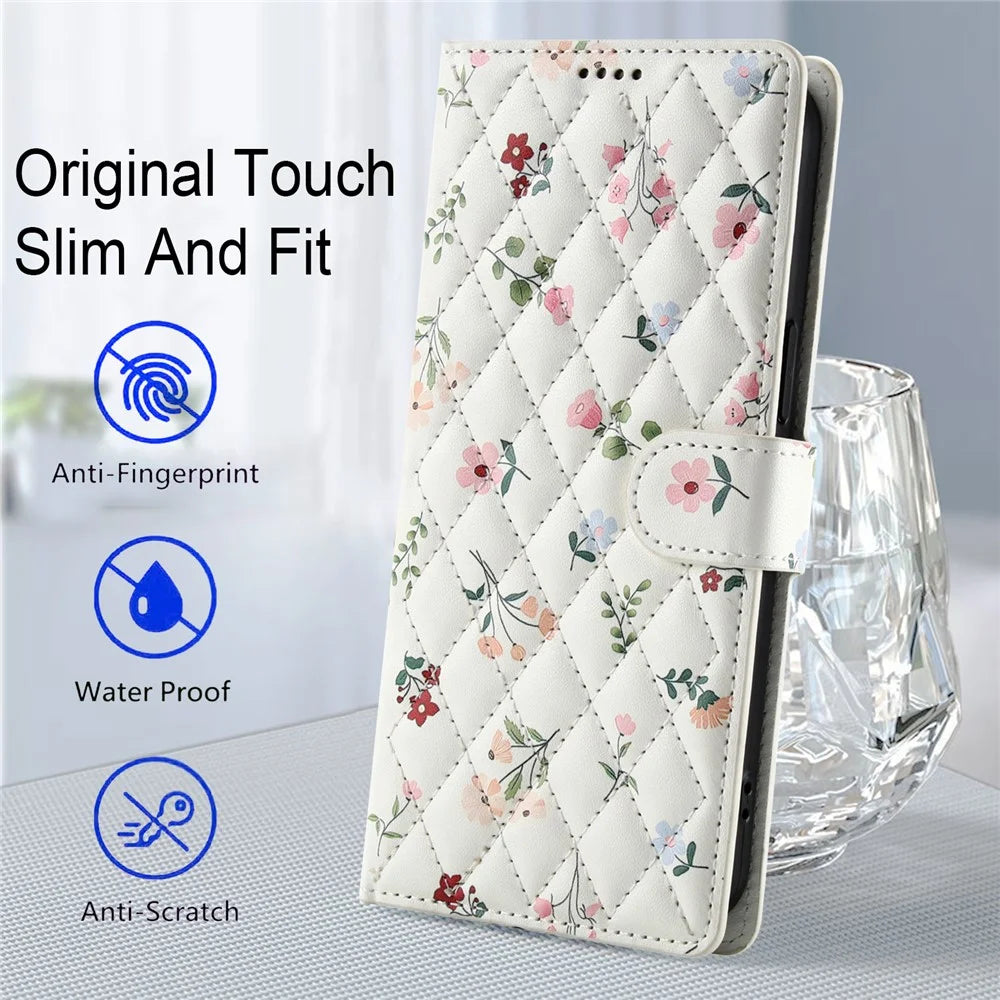 For iPhone 16 Pro Wallet Case Rhombic Floral Design Leather Flip Phone Cover with Strap - A1 - 7