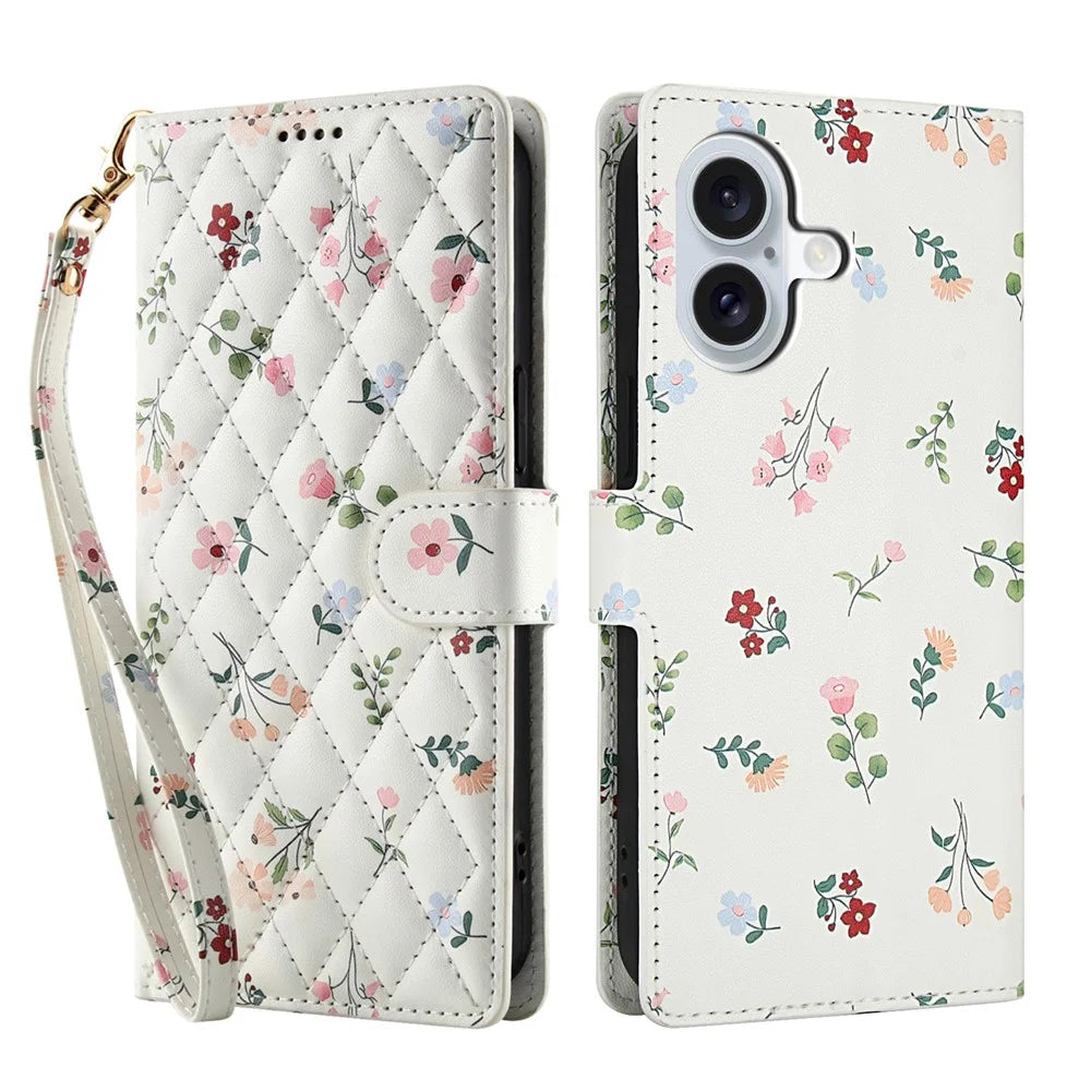 For iPhone 16 Plus Wallet Case Rhombic Floral Design Leather Flip Phone Cover with Strap - A1 - 1