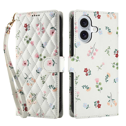 For iPhone 16 Wallet Case Rhombic Floral Design Leather Flip Phone Cover with Strap - A1 - 1