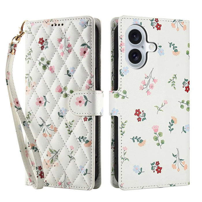 For iPhone 16 Wallet Case Rhombic Floral Design Leather Flip Phone Cover with Strap - A1 - 1