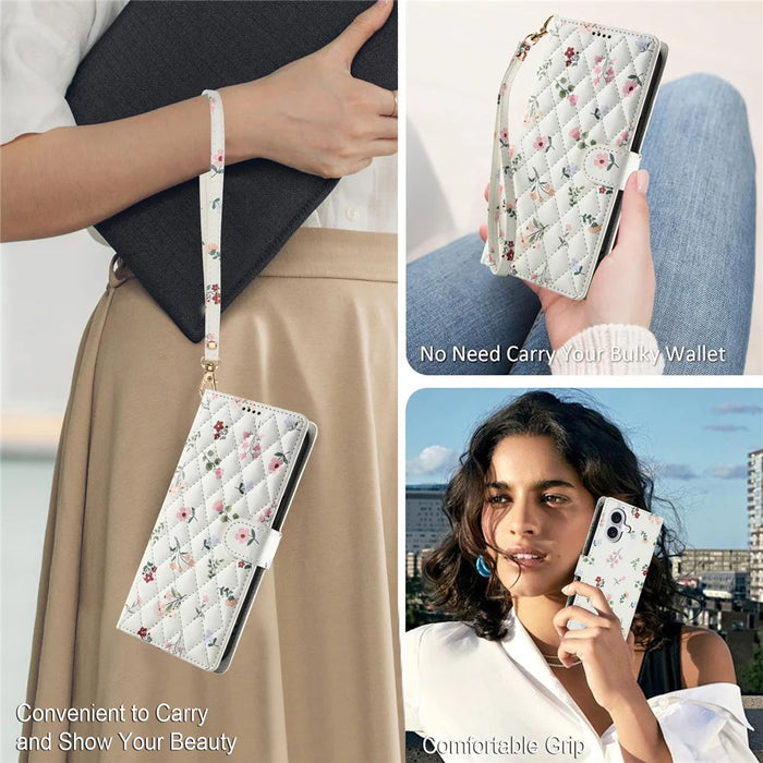 For iPhone 16 Wallet Case Rhombic Floral Design Leather Flip Phone Cover with Strap - A1 - 5