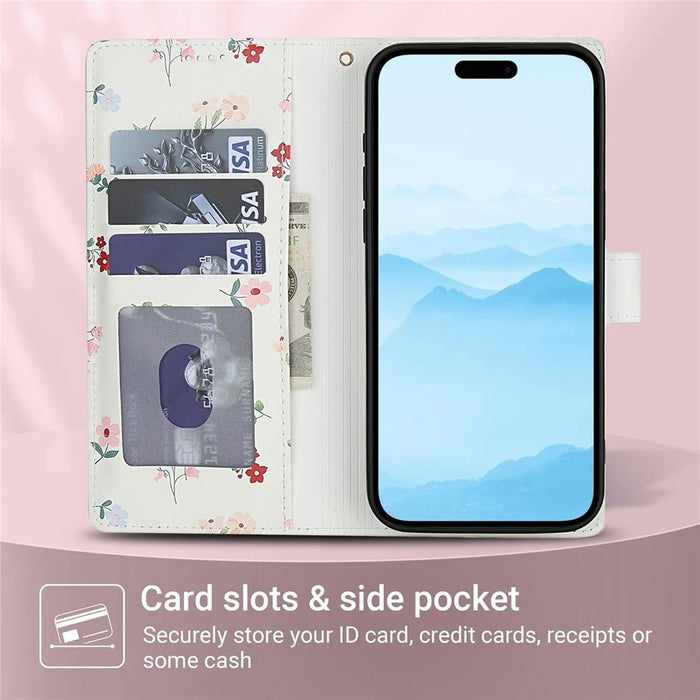 For iPhone 16 Wallet Case Rhombic Floral Design Leather Flip Phone Cover with Strap - A1 - 6