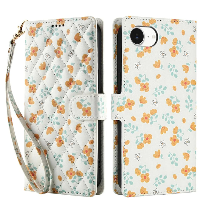 For iPhone 17e / 16e Wallet Case Rhombic Floral Design Leather Flip Phone Cover with Strap - A3 - 1