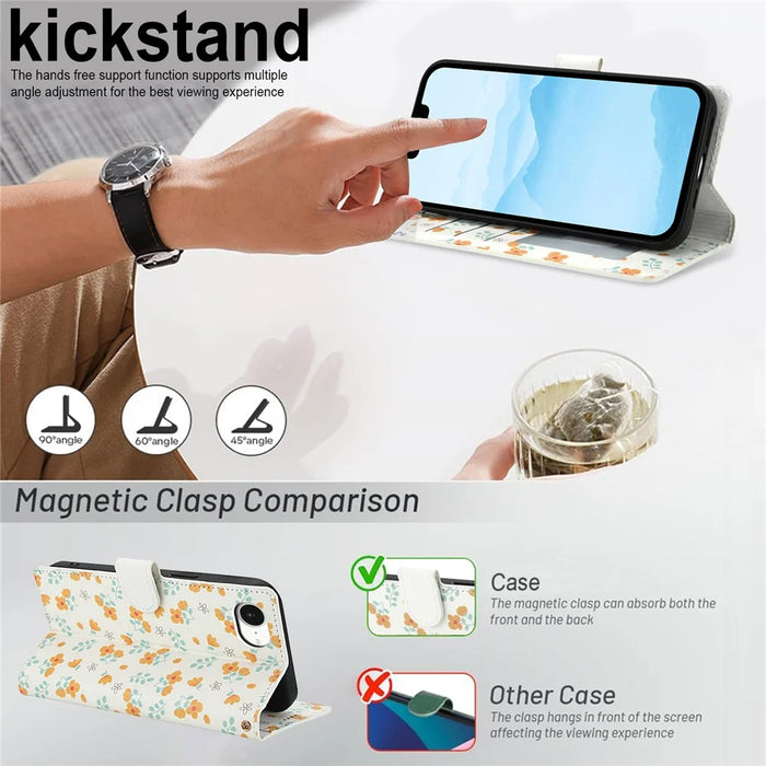 For iPhone 17e / 16e Wallet Case Rhombic Floral Design Leather Flip Phone Cover with Strap - A3 - 4
