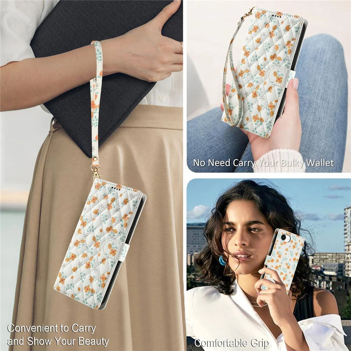 For iPhone 17e / 16e Wallet Case Rhombic Floral Design Leather Flip Phone Cover with Strap - A3 - 5