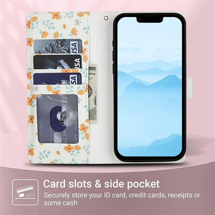 For iPhone 17e / 16e Wallet Case Rhombic Floral Design Leather Flip Phone Cover with Strap - A3 - 6
