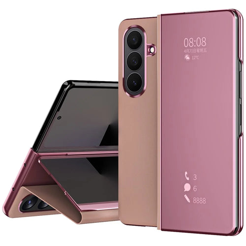 For Samsung Galaxy Z Fold7 5G Case Electroplating View Window Stand Leather Phone Cover - Pink - 1