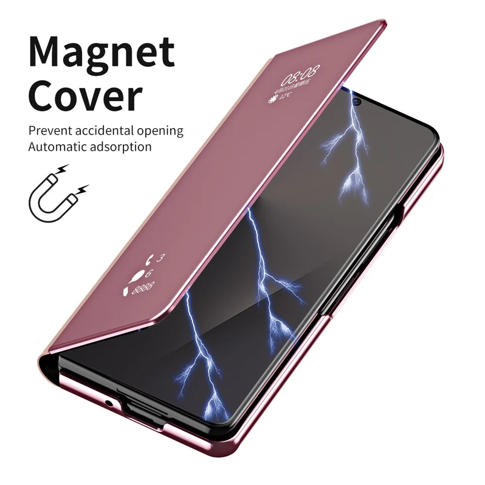 For Samsung Galaxy Z Fold7 5G Case Electroplating View Window Stand Leather Phone Cover - Pink - 6