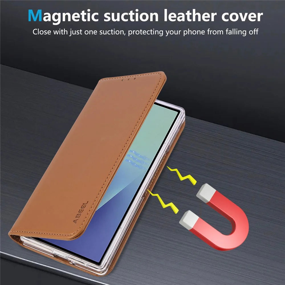 ABEEL For Samsung Galaxy Z Fold7 5G Phone Case RFID Blocking Leather Flip Cover - Brown - 7