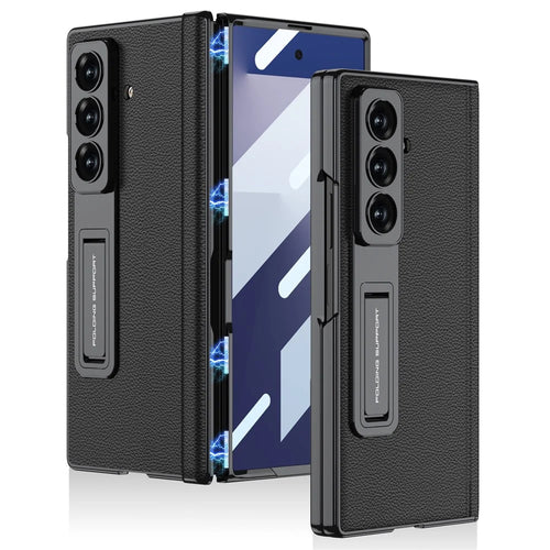 GKK For Samsung Galaxy Z Fold7 5G Case with Kickstand PU PC Tempered Glass Protective Phone Cover - Black - 1
