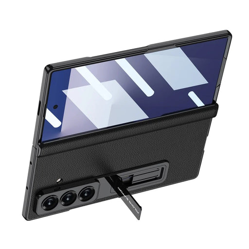 GKK For Samsung Galaxy Z Fold7 5G Case with Kickstand PU PC Tempered Glass Protective Phone Cover - Black - 2
