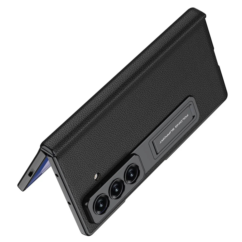 GKK For Samsung Galaxy Z Fold7 5G Case with Kickstand PU PC Tempered Glass Protective Phone Cover - Black - 3