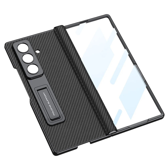 GKK For Samsung Galaxy Z Fold7 5G Case with Kickstand PU PC Tempered Glass Protective Phone Cover - Black - 7