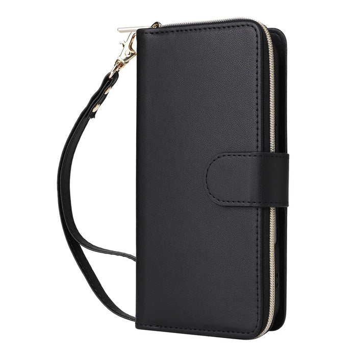 For iPhone 17 Case 9 Card Slots Zipper Pocket PU Leather Cover with Wrist Strap - Black - 5