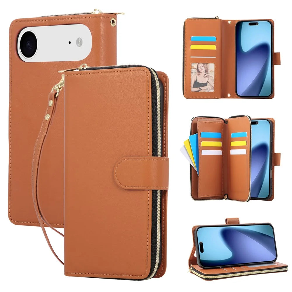 For iPhone Air Case 9 Card Slots Zipper Pocket PU Leather Cover with Wrist Strap - Brown - 1
