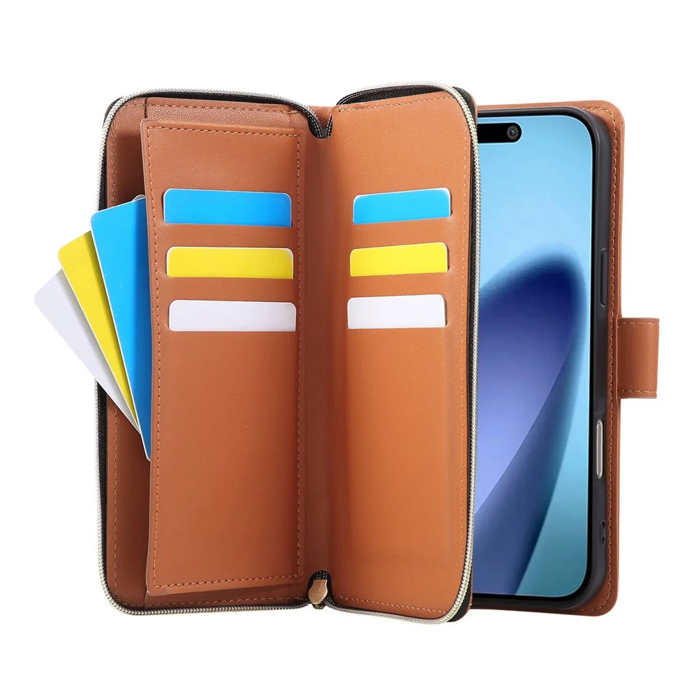 For iPhone Air Case 9 Card Slots Zipper Pocket PU Leather Cover with Wrist Strap - Brown - 2