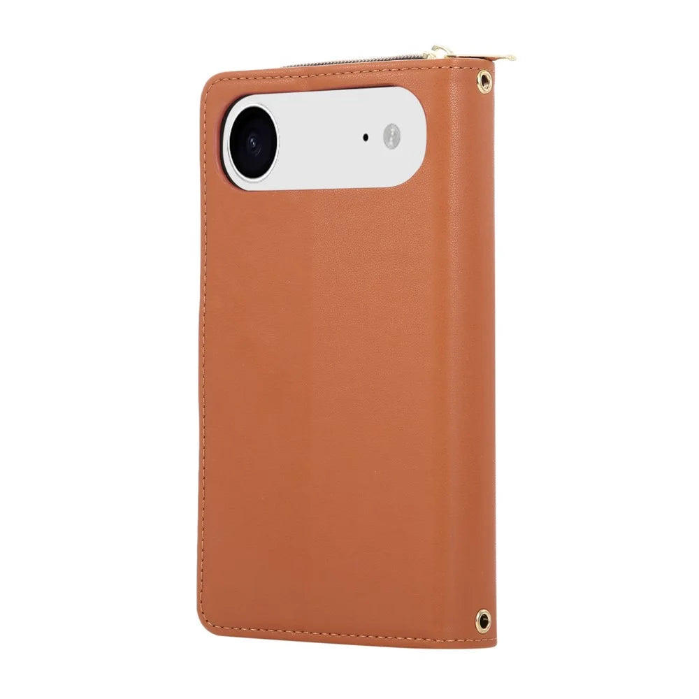 For iPhone Air Case 9 Card Slots Zipper Pocket PU Leather Cover with Wrist Strap - Brown - 6