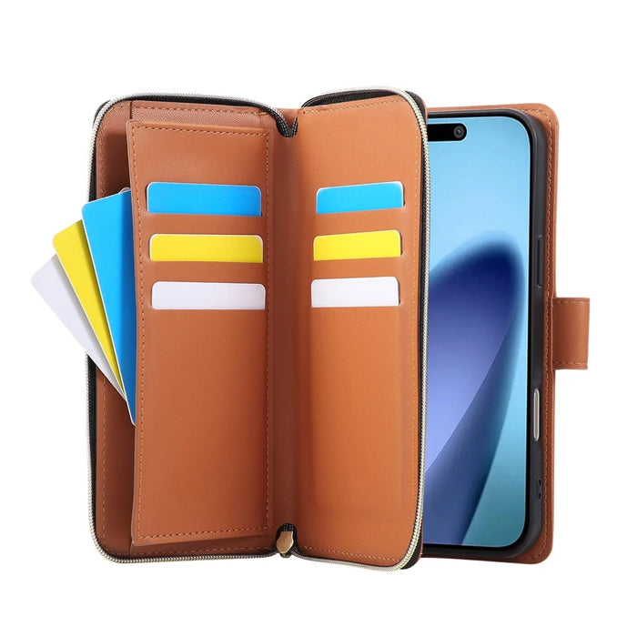 For iPhone 18 Pro / 17 Pro Case 9 Card Slots Zipper Pocket PU Leather Cover with Wrist Strap - Brown - 2