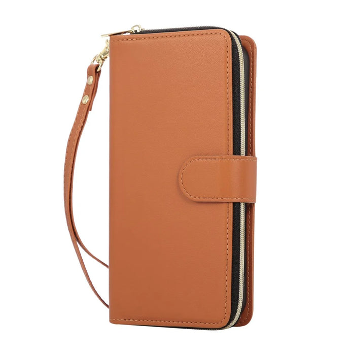 For iPhone 18 Pro / 17 Pro Case 9 Card Slots Zipper Pocket PU Leather Cover with Wrist Strap - Brown - 5