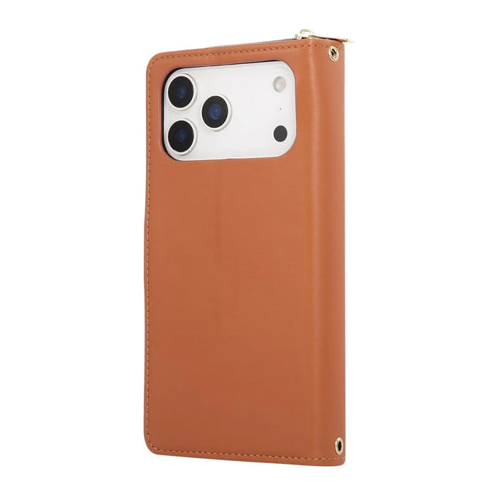 For iPhone 18 Pro / 17 Pro Case 9 Card Slots Zipper Pocket PU Leather Cover with Wrist Strap - Brown - 6