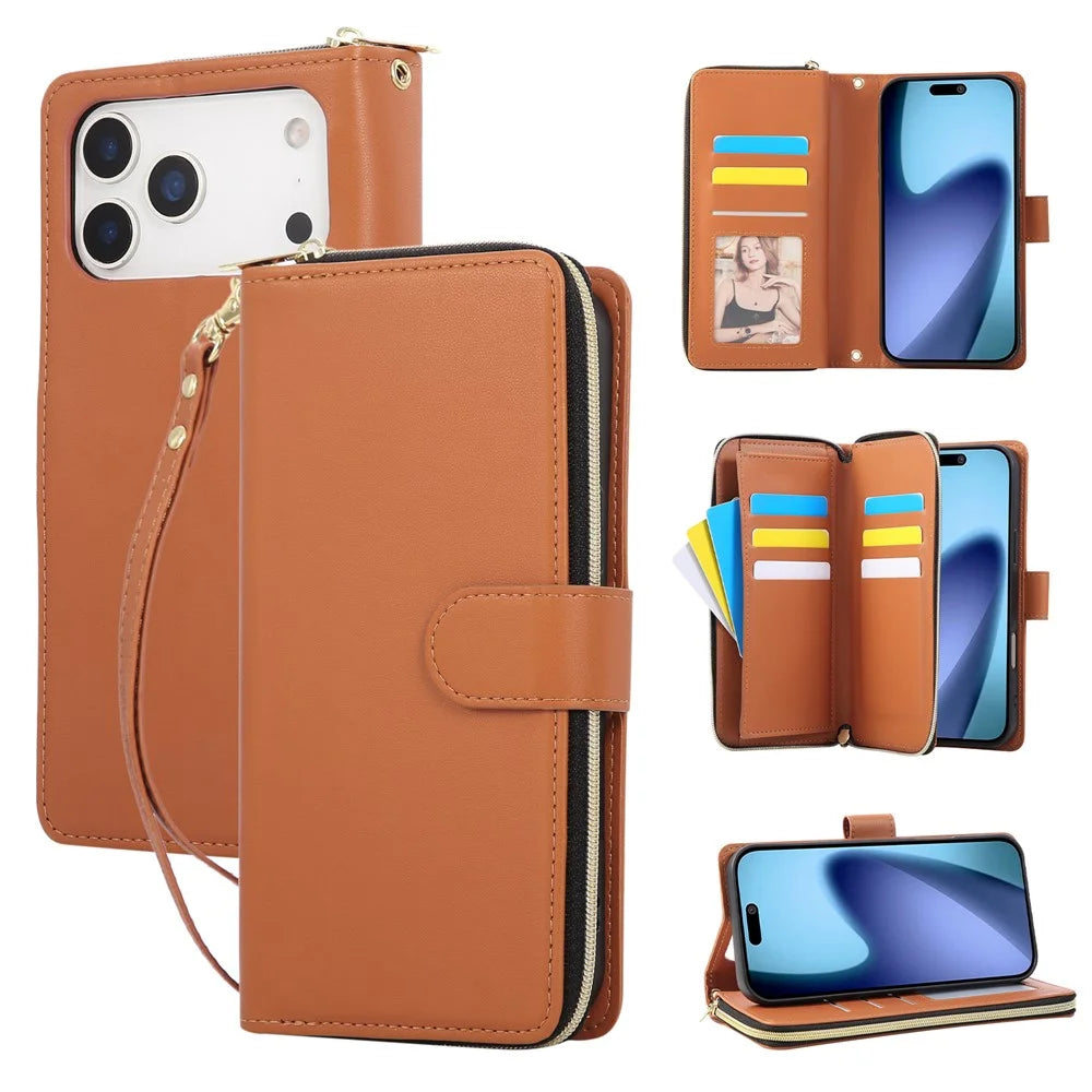 For iPhone 18 Pro Max / 17 Pro Max Case 9 Card Slots Zipper Pocket PU Leather Cover with Wrist Strap - Brown - 1
