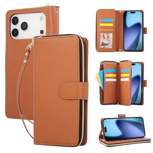 For iPhone 18 Pro Max / 17 Pro Max Case 9 Card Slots Zipper Pocket PU Leather Cover with Wrist Strap - Brown - 1