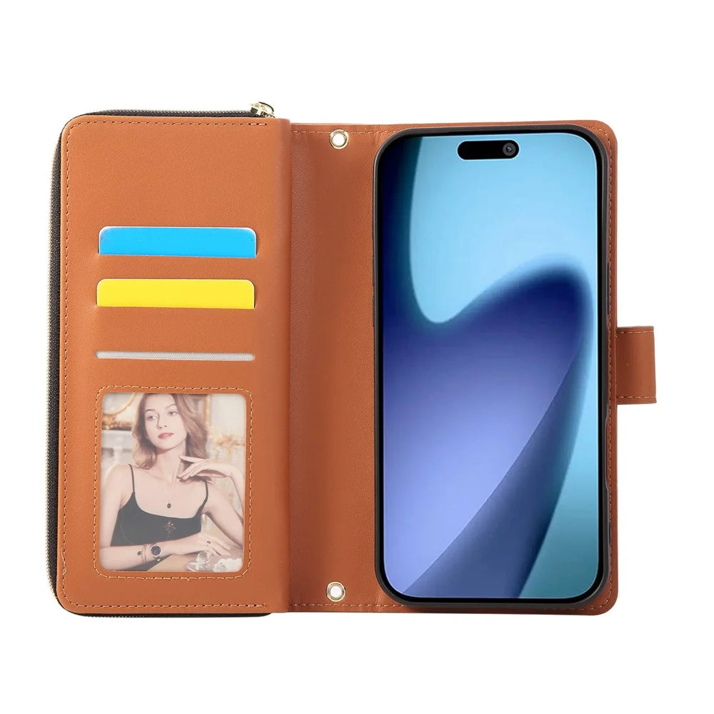 For iPhone 18 Pro Max / 17 Pro Max Case 9 Card Slots Zipper Pocket PU Leather Cover with Wrist Strap - Brown - 4