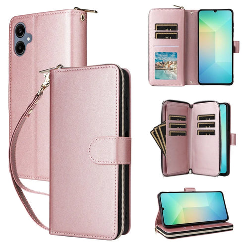 For Samsung Galaxy A08 5G / A08 4G / A07 4G Case 9 Card Slots Zipper Pocket PU Leather Phone Cover with Wrist Strap - Rose Gold - 1
