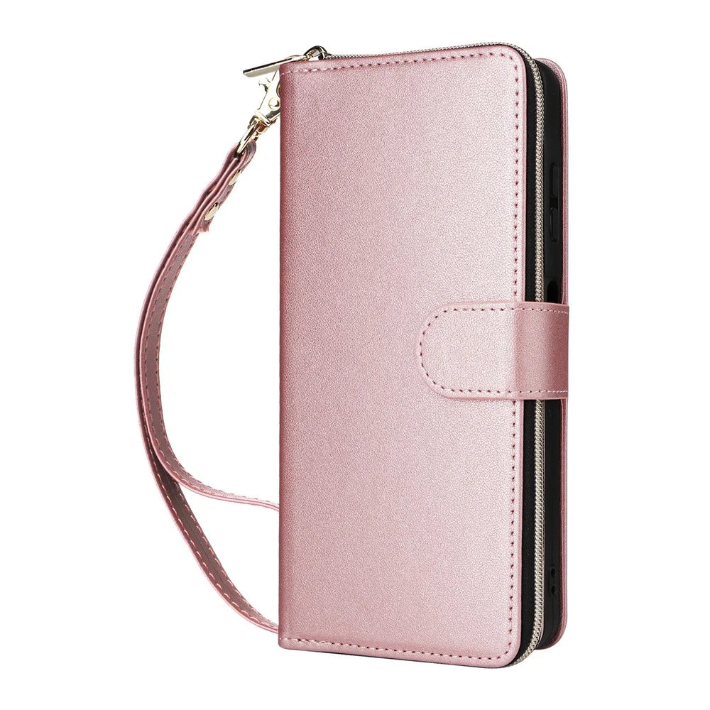 For Samsung Galaxy A08 5G / A08 4G / A07 4G Case 9 Card Slots Zipper Pocket PU Leather Phone Cover with Wrist Strap - Rose Gold - 5