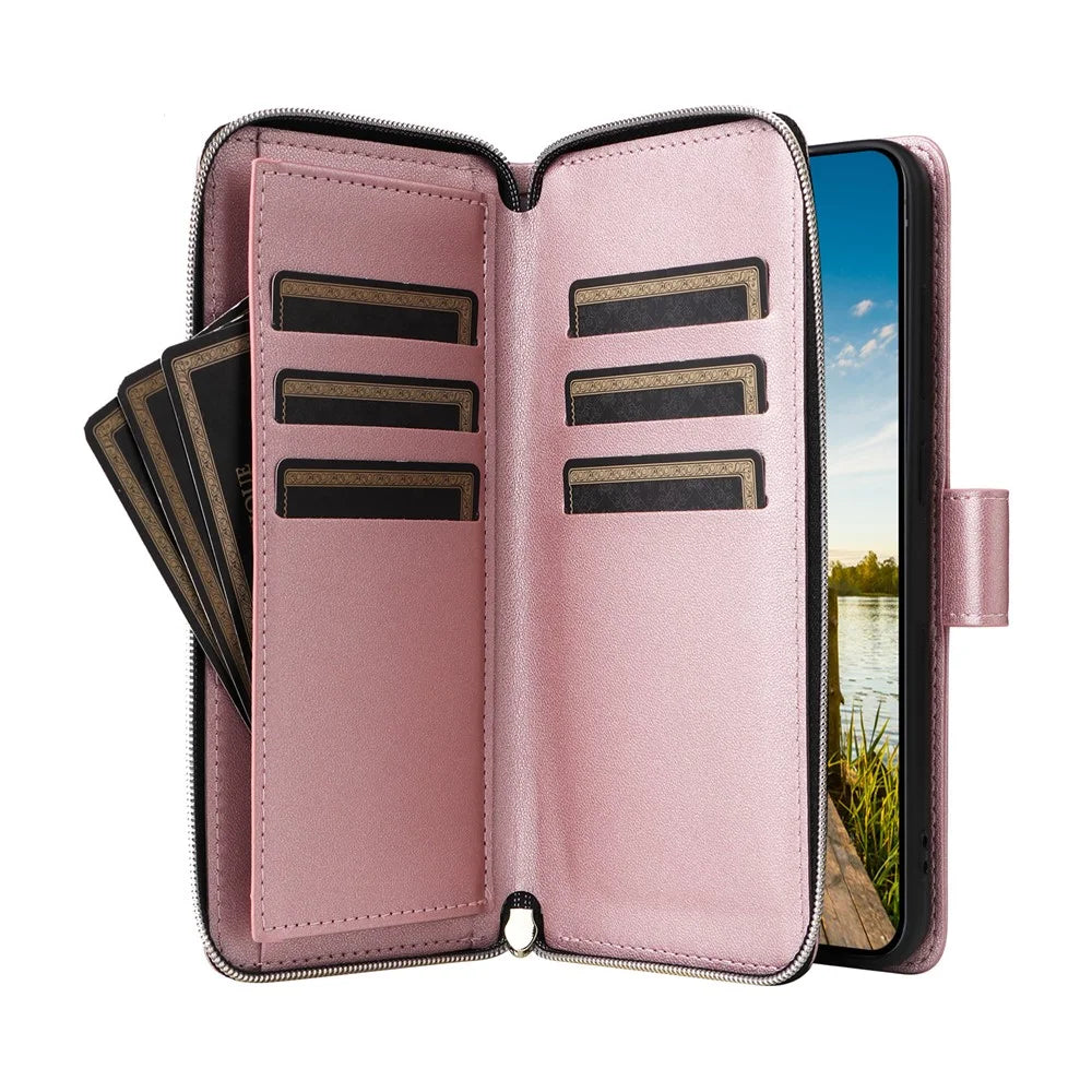 For Samsung Galaxy A18 5G / A17 5G / A17 4G / A26 5G Case 9 Card Slots Zipper Pocket PU Leather Phone Cover with Wrist Strap - Rose Gold - 3