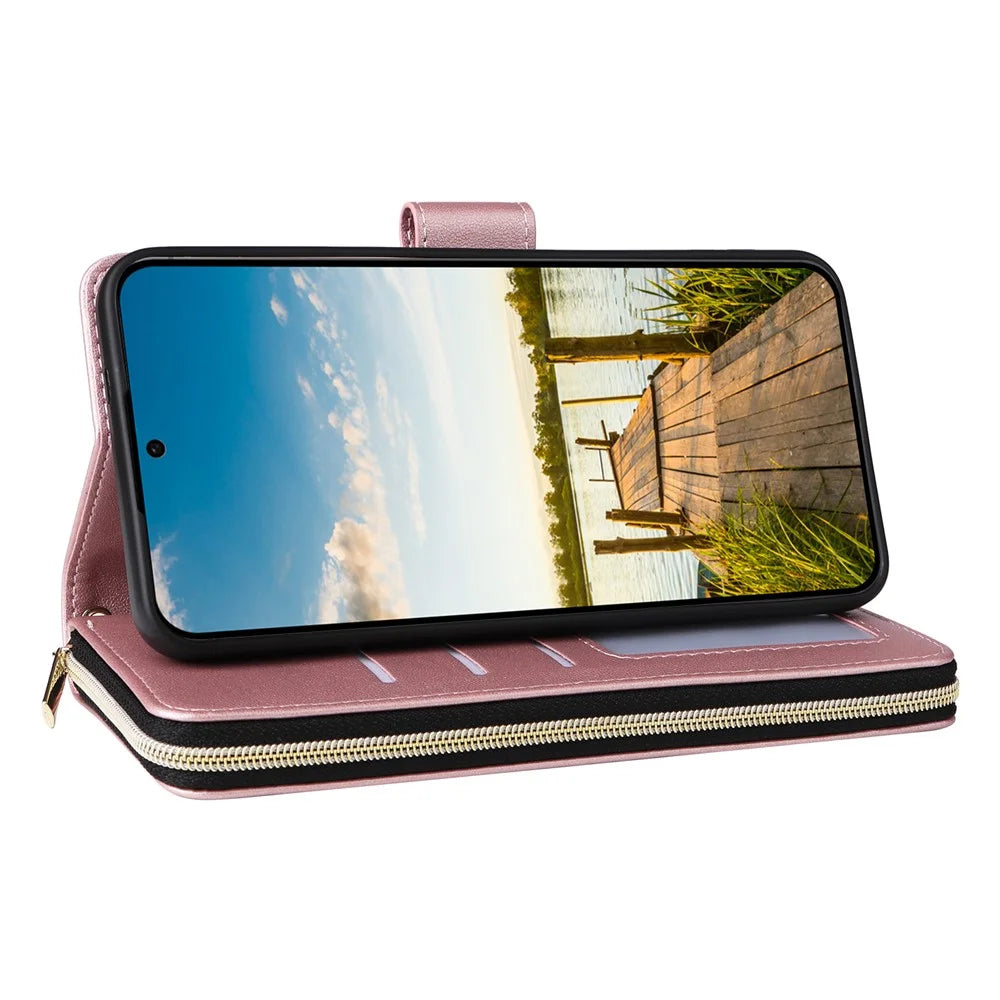 For Samsung Galaxy A18 5G / A17 5G / A17 4G / A26 5G Case 9 Card Slots Zipper Pocket PU Leather Phone Cover with Wrist Strap - Rose Gold - 4