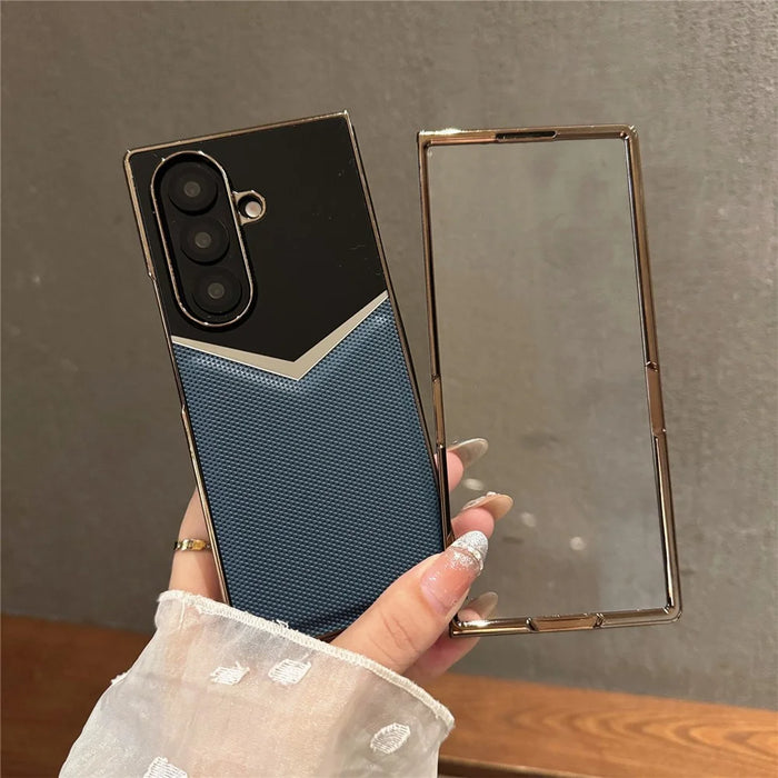 For Samsung Galaxy Z Fold7 5G Case Genuine Cow Leather + PC Contrast Design Phone Cover with Screen Protector - Dark Blue - 2
