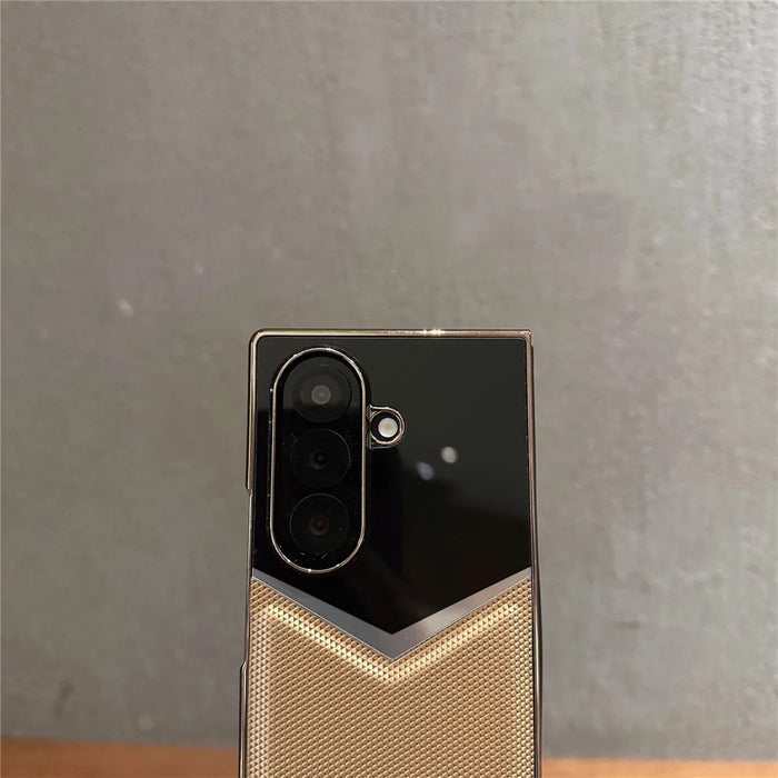 For Samsung Galaxy Z Fold7 5G Case Genuine Cow Leather + PC Contrast Design Phone Cover with Screen Protector - Dark Blue - 5