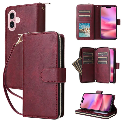For iPhone 17 Case Zipper Pocket 9 Card Slots PU Leather Phone Cover with Hand Strap - Wine Red - 1