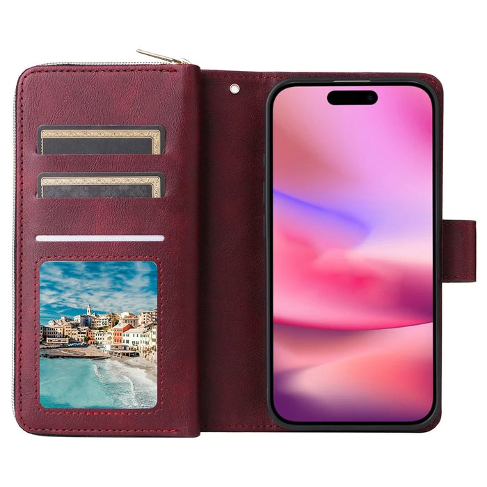 For iPhone 17 Case Zipper Pocket 9 Card Slots PU Leather Phone Cover with Hand Strap - Wine Red - 2