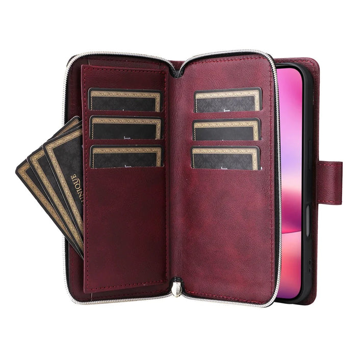 For iPhone 17 Case Zipper Pocket 9 Card Slots PU Leather Phone Cover with Hand Strap - Wine Red - 3