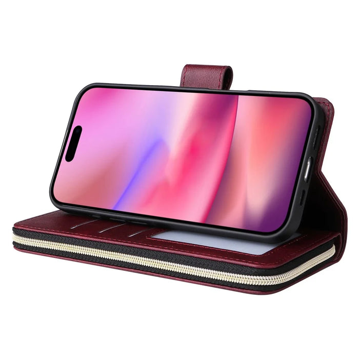 For iPhone 17 Case Zipper Pocket 9 Card Slots PU Leather Phone Cover with Hand Strap - Wine Red - 4