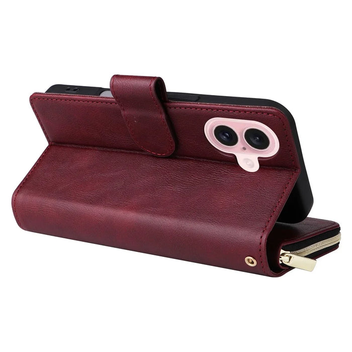 For iPhone 17 Case Zipper Pocket 9 Card Slots PU Leather Phone Cover with Hand Strap - Wine Red - 5