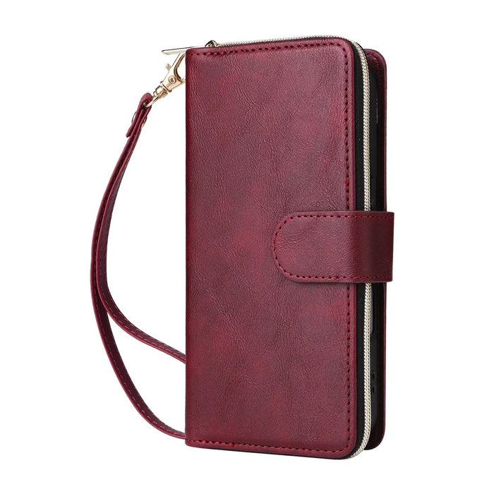 For iPhone 17 Case Zipper Pocket 9 Card Slots PU Leather Phone Cover with Hand Strap - Wine Red - 6