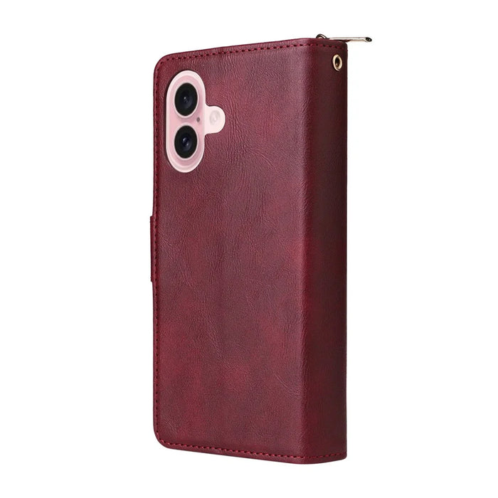 For iPhone 17 Case Zipper Pocket 9 Card Slots PU Leather Phone Cover with Hand Strap - Wine Red - 7